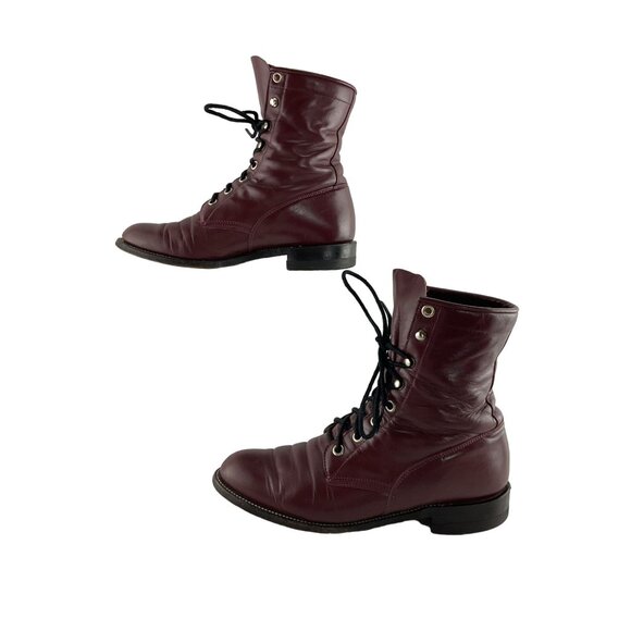 Ladies Justin USA Burgundy Leather Lace Up Roper Western Boots Size 6.5 B - Picture 2 of 7